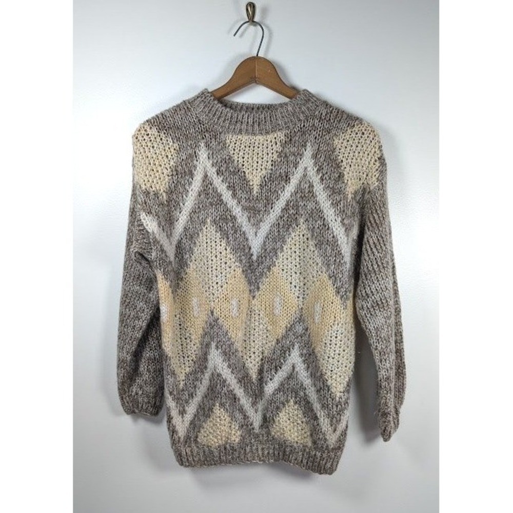 Vintage 80s Hand Knit Sweater Women's Size Medium Geometric Soft Indie Neutral